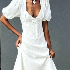 Anthropologie Maeve Puff-Sleeve Corset Linen Blend Midi Dress Size L